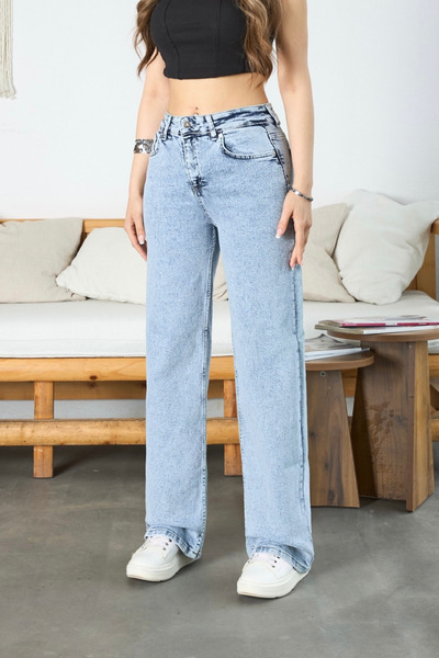 BİKELİFE Γυναικείο Ανοιχτό Μπλε Snow Wash Ψηλόμεσο Lycra Stretchy Wide Leg τζιν