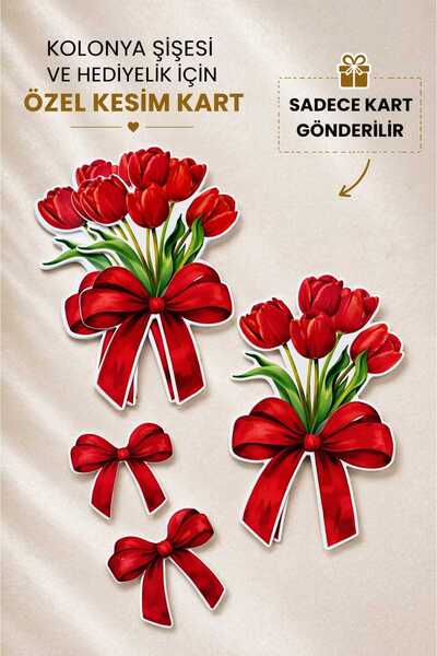 ETİKETİM Kırmızı Gül Desenli Hediyelik Kart 10lu Set - Kolonya Şişesi