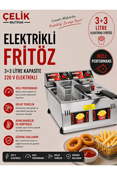 ALPİNA MUTFAK Alpina 3+3 Litre Profesyonel Fritöz 220V Paslanmaz Çelik Büfe v...