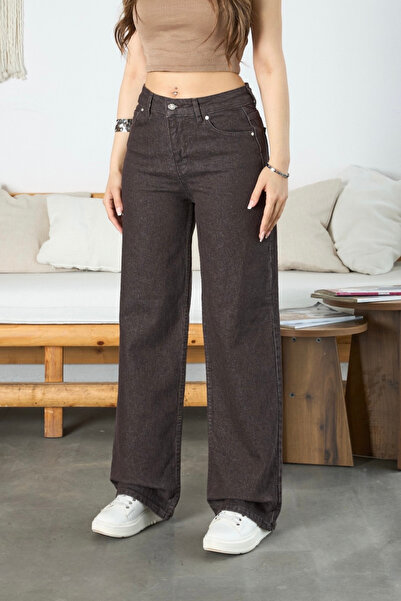 BİKELİFE Γυναικείο καφέ ψηλόμεσο φαρδύ τζιν παντελόνι