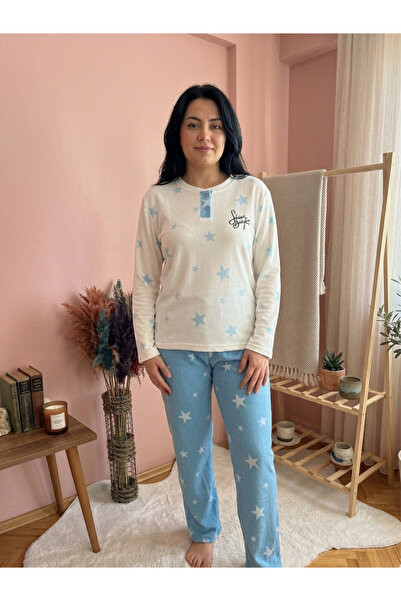 PİJAHOME طقم بيجامة نسائية حرارية ناعمة من شاين برايت - أزرق