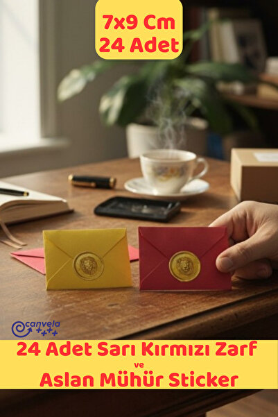 CANVELA 24 Adet 7x9 Cm Sarı Kırmızı Zarf ve 24 Adet Aslan Mühür Sticker