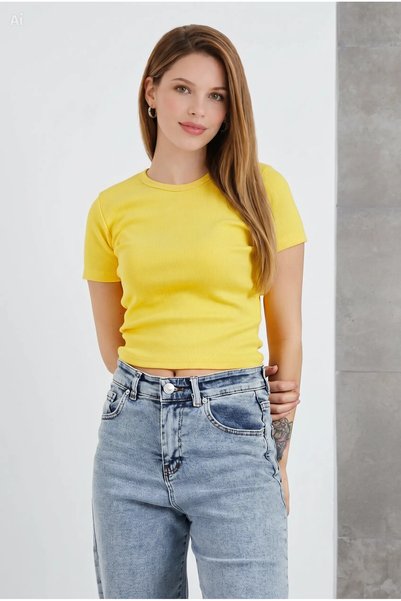 Aslında Look Crew Neck Short Sleeve Ribbed Lycra Bady Blouse T-Shirt