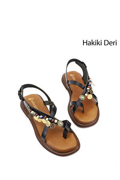 GÖNDERİ(R) Γυναικεία σανδάλια από γνήσιο δέρμα με μαύρες χάντρες