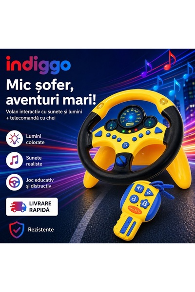 indiggo Volan Multifunctional si Cheie Interactiva KiddyCar™ Black/Yellow