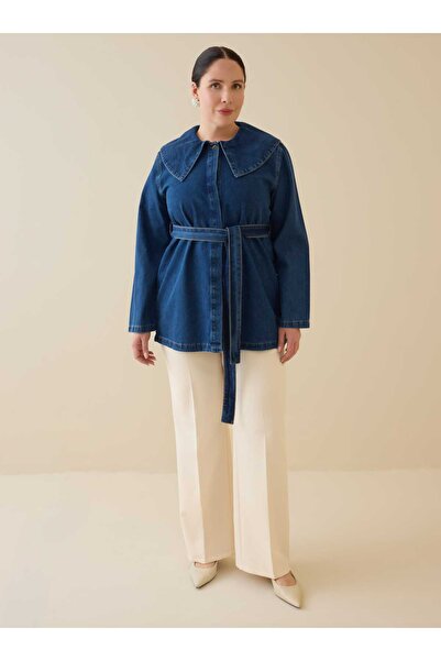 ALİA Τζιν στρογγυλός γιακάς Λεπτομερές τουνίκ μεγάλου μεγέθους - Ανοιχτό μπλε...