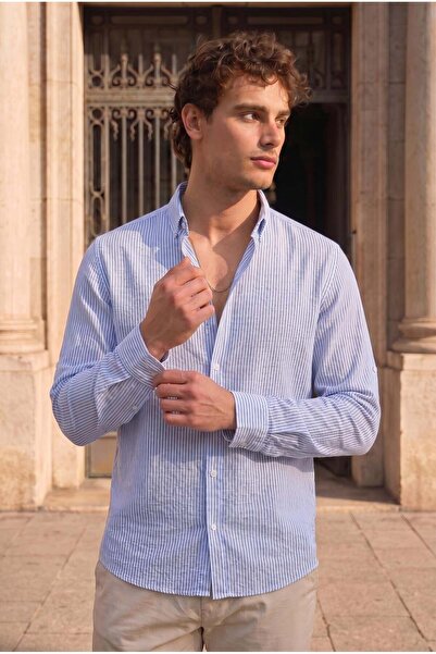 Valiberta Dik Şerit Çizgili Flamlı Pamuk Gömlek - Mavi