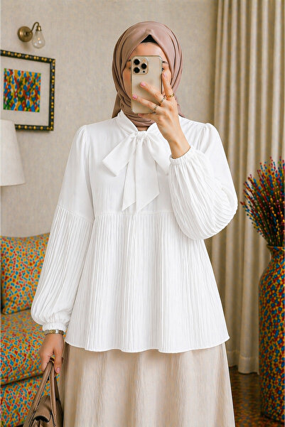 bellura Bağcıklı Kolları ve Eteği Pliseli Tunik