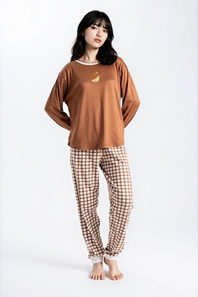 Ecrou Set de pijamale pentru femei Mocha Study Cafe Looks Patlı