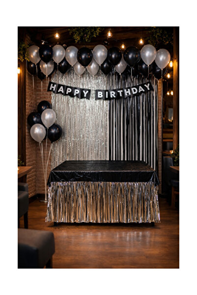 HAPPYLOOPPARTY Black Silver Birthday Party Celebration & Curtain & Banner & T...