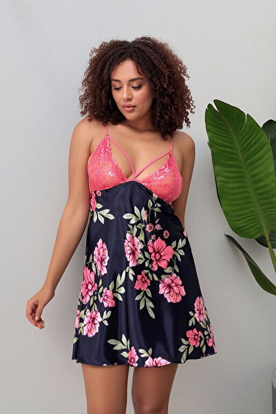 Pearlune Women's Plus Size Navy Blue Floral Patterned Lace Detailed Satin Nig...