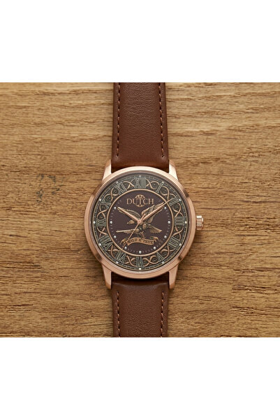 DUTCH STORE Classic watch with a brass case and brown leather strap – water r...