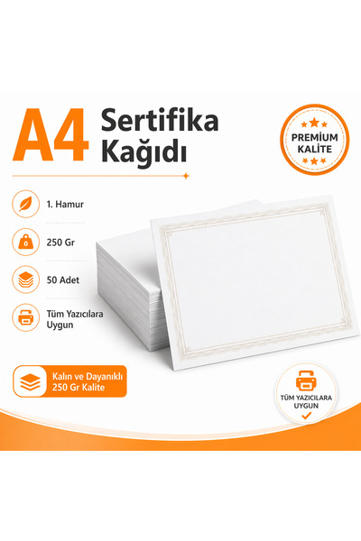 AHDTOPTAN A4 Sertifika Kağıdı 1. Hamur 250 Gr Kalın Kartuşlu Mürekkepli Tüm Y...