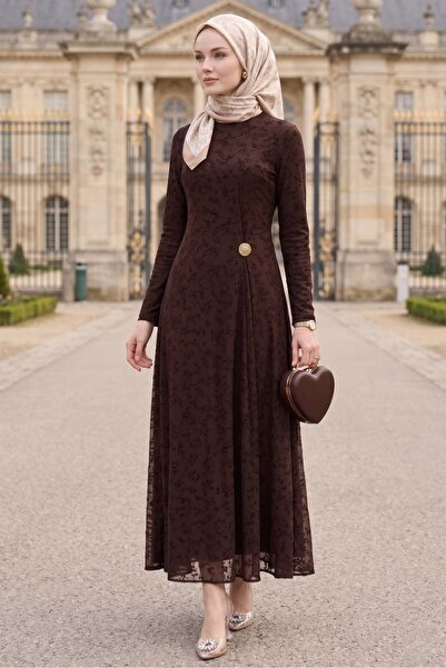 Bestenur Φόρεμα με λεπτομέρεια αγκράφας και φόδρα 1701 - Καφέ