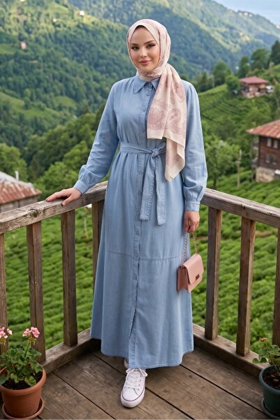 Bestenur Ανοιχτό μπλε τζιν φόρεμα - κουμπιά μέχρι το πάτωμα, Μοντέλο 894