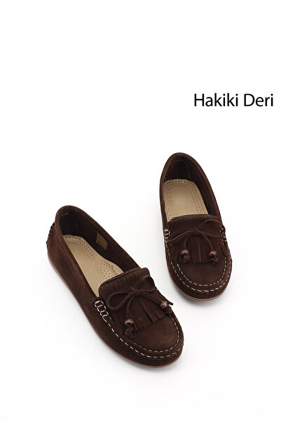 GÖNDERİ(R) Γυναικείο καφέ σουέντ φιόγκος από γνήσιο δέρμα Comfort Loafer