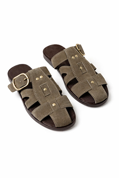 FootFrenzy Γυναικείες παντόφλες Loren Cream Suede με χρυσή λεπτομέρεια στη ζώ...