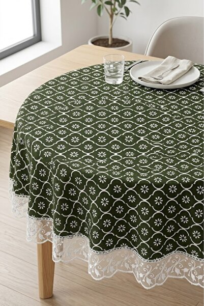 Rona Home Πράσινο Στρογγυλό Τραπεζομάντηλο Με γκιπούρ δαντέλα Δαντέλα Περιμετ...