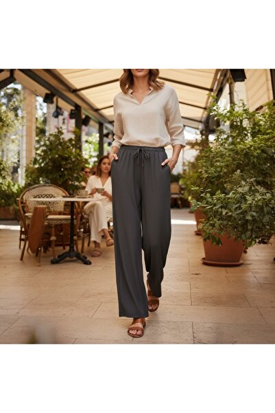 Intisimo Pantaloni de vară, respirabili, lați, cu buzunare, gri închis - L