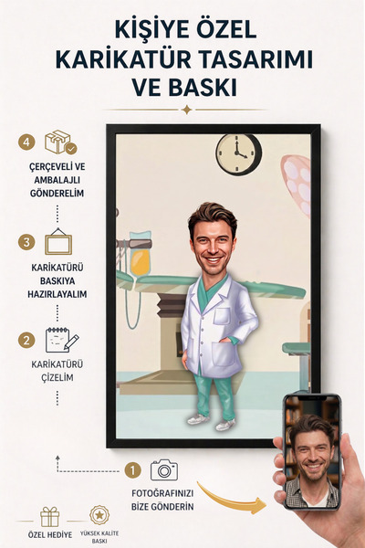 Bugucreative Kişiye Özel Doktor Karikatürü Çerçeveli Tablo,Hediyelik Karikatü...
