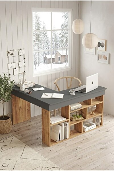 L'occi Concept Tyler Çalışma Bilgisayar Ofis Raflı Kitaplık Laptop Masası Gri...