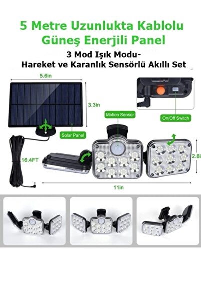 gaman 138 Led Güneş Enerjili 3 Mod Kumandalı 5 Metre Kablolu Kaliteli Sensörlü Solar Sokak Lambası