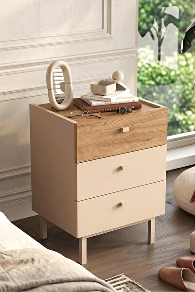 Yurudesign Luke Komodin 3 Çekmeceli Ahşap Ayaklı Kumsal-Sepet LK2-CS