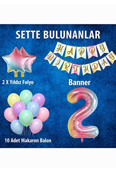 BALON DİYARI Gökkuşağı Konsepti 2 Yaş Doğum Günü Parti Kutlama Seti Rakam Ve Yıldız Folyo Banner Ve Makaron Balon