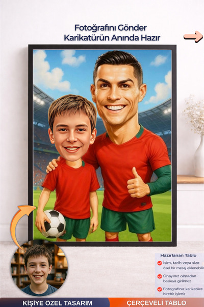 Bugucreative Kişiye Özel Ronaldo Karikatürü Çerçeveli Tablo,Hediyelik Karikat...