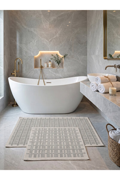 Myevilla Σετ 2 γκρι χαλιά τουαλέτας - Φυσικό βαμβάκι, χαλάκι μπάνιου που πλέν...