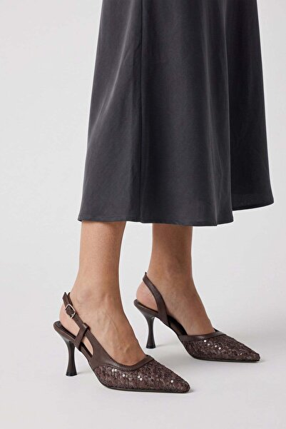 Modezya Γυναικεία παπούτσια με τακούνι Lucia Brown με λεπτομέρεια από παγιέτε...