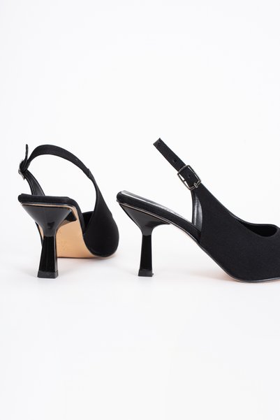 moun shoes حذاء نسائي من الساتان الأسود بكعب ستيليتو ومقدمة مدببة وكعب مفتوح 9 سم