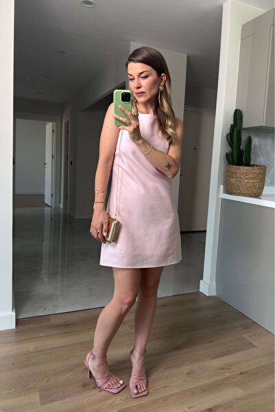 Sue Store Φόρεμα με υφή λινό, ροζ σε απόχρωση Dusty Pink, με τετράγωνο λαιμόκ...