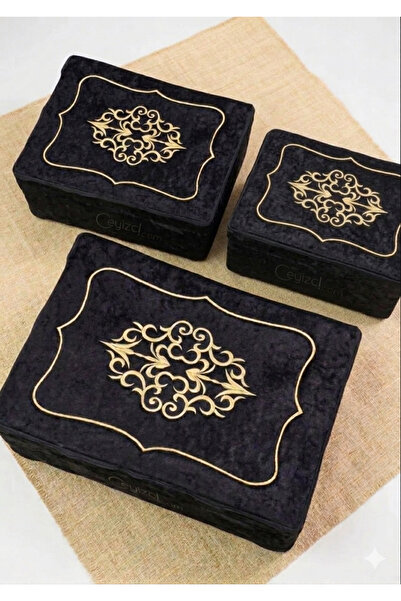 CONSTRAİN Zeyniss Çeyizlik Κεντημένο βελούδινο σετ 3 τεμαχίων σε μαύρο χρώμα,...