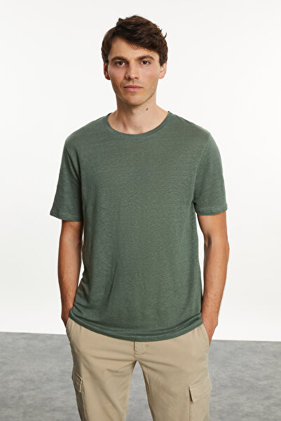Mudo Erkek Yeşil Bisiklet Yaka Keten T-Shirt