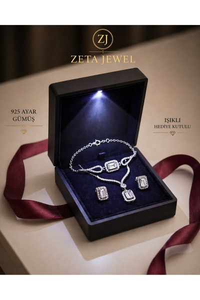 Zeta Jewel 925 Ayar Gümüş Baget Taşlı Üçlü Set (Kolye Küpe Bileklik) Işıklı H...