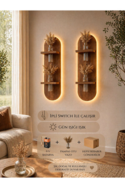 OsalionDesignn Modern Ahşap Duvar Rafı Işıklı 2’li Dekoratif Set (Vazo ve çiç...