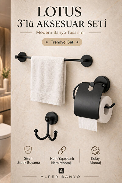 Alper Banyo Banyo Aksesuar Seti, Siyah, Düz Havluluk, Kapaklı Tuvalet Kağıtlı...