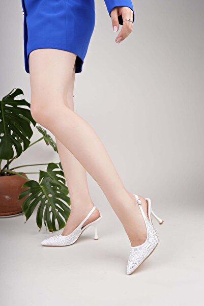 Nesil Shoes Γυναικεία πέδιλα με τακούνι Uraz 760 White Stone