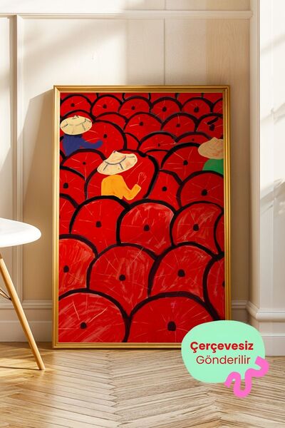 ArtDropsco Kırmızı Tarlada Çalışan Kadın Figürlü Tablo Modern Poster Duvar De...