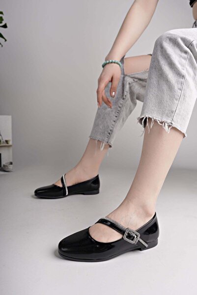 Nesil Shoes Swell 20821 crna lakirana kožna kopča Sa kamenčićima žene Baletanke