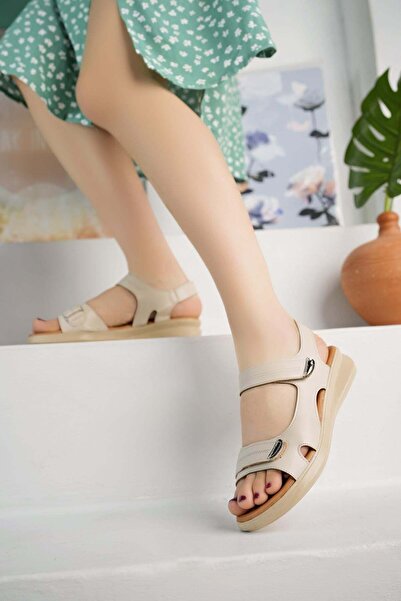 Nesil Shoes Mv 952 Cream Ανατομικά Velcro Γυναικεία Σανδάλια