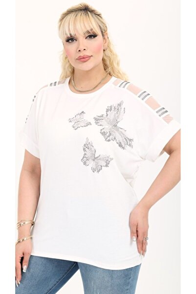 Kheos Πέτρα με σχέδιο πεταλούδας με στάμπα ώμου από τούλι ριγέ κοντό μανίκι σ...