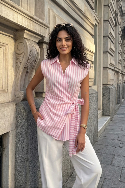 Safgiyim44 White Striped Poplin Sleeveless Women's Blouse - Pink