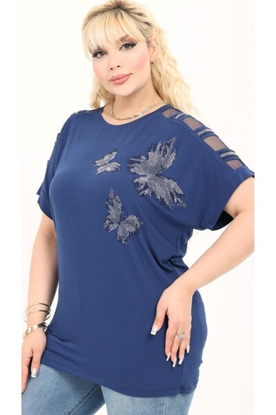 Kheos Πέτρα με σχέδιο πεταλούδας με στάμπα ώμου από τούλι ριγέ κοντό μανίκι σ...