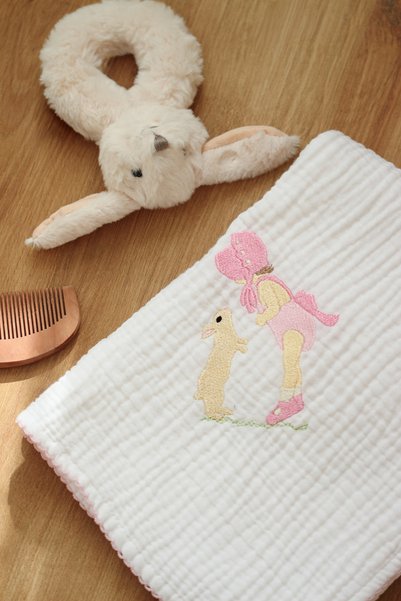 Petite Miracles Rabbit and Girl Embroidered Muslin Baby Blanket - 90X90 cm