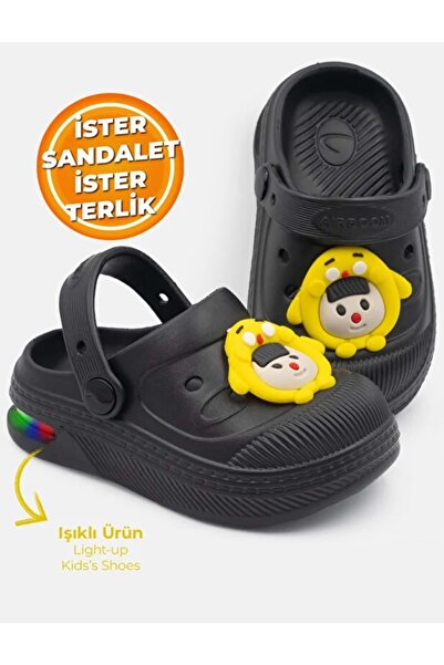 KOCAMANLAR 2316 Işıklı Emojili Sabo Günlük Terlik Unisex Çocuk Terlik SİYAH