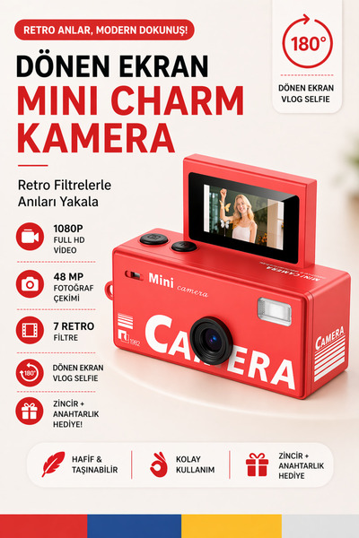 RoseandRoses Mini Charm Kamera Dönen Ekran Flaşlı Selfie Video Vlog Kamerası ...