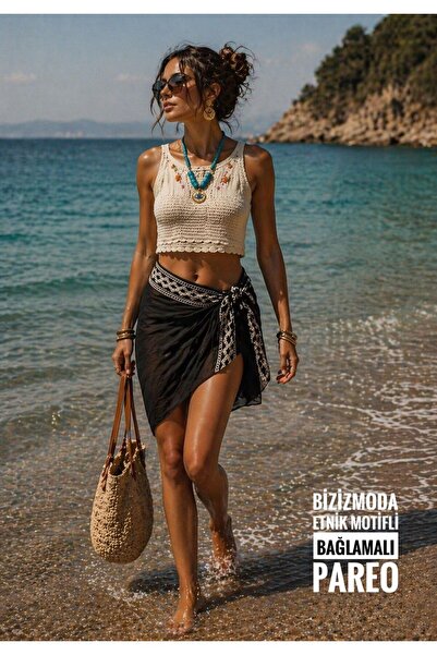 bizizmoda تصميم باريو من الشيفون الأسود بنمط منسوج عرقي، باريو مربوط عند الخص...