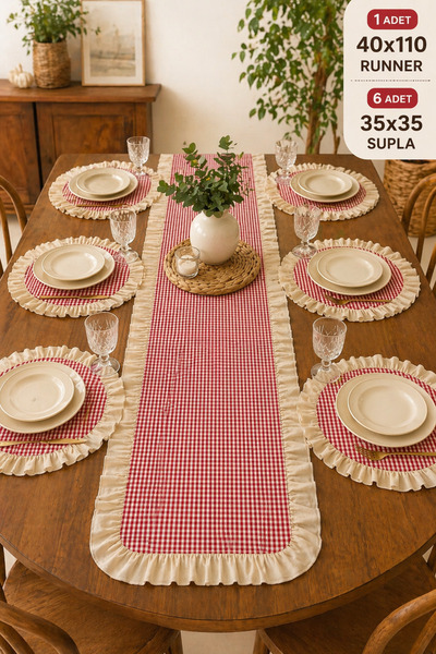 argehome Σετ 7 τεμαχίων κόκκινο (με καρό σχέδιο) Pötikare Runner και σετ 6 τε...